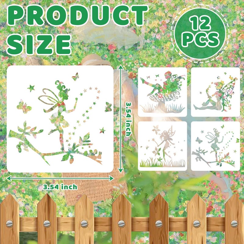 Resflyar 12 PCS Fairy Stencils Reusable Butterfly Moon Fairy Wildflower Templates for Painting on Wood Wall Glass Canvas Scrapbook DIY Craft Home Decor 4.7 x 4.7 Inch - Image 2